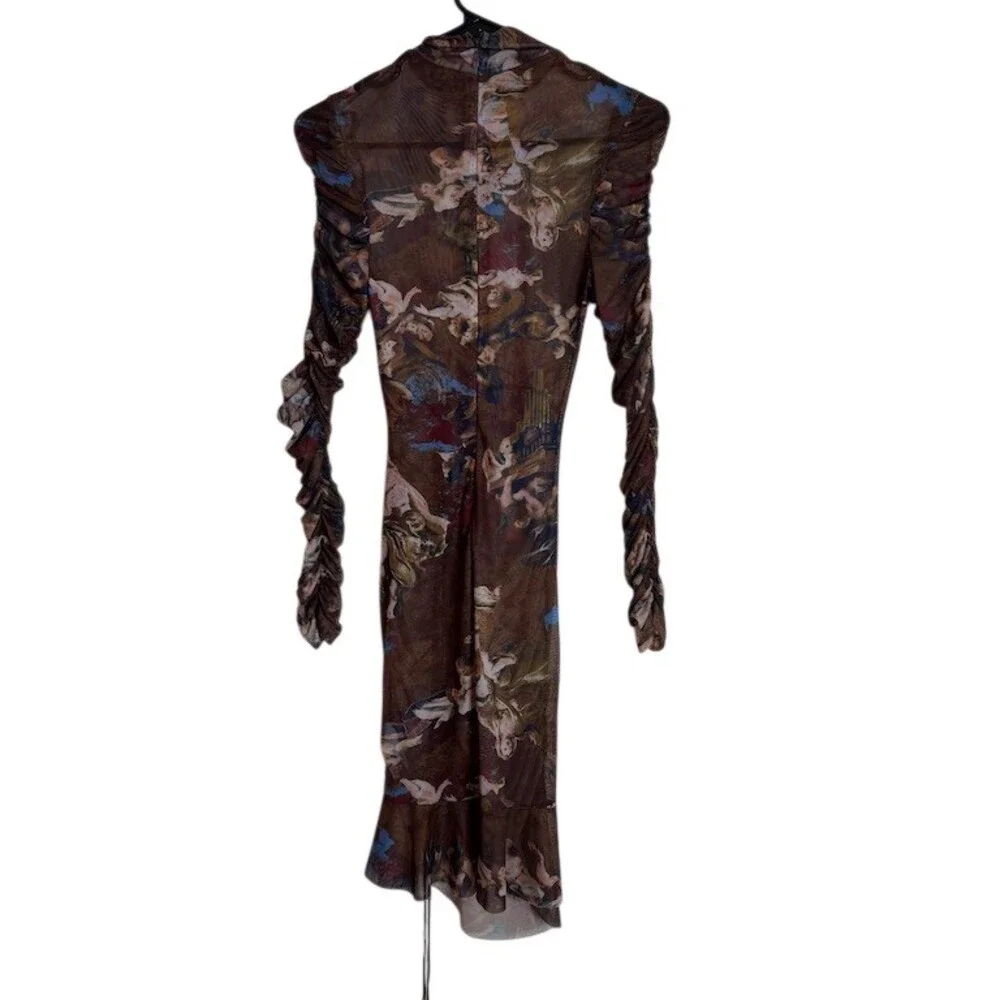 Fashion Nova Midi Dress Womens Small Brown Floral Ruched Mesh Long Sleeve - Picture 6 of 7